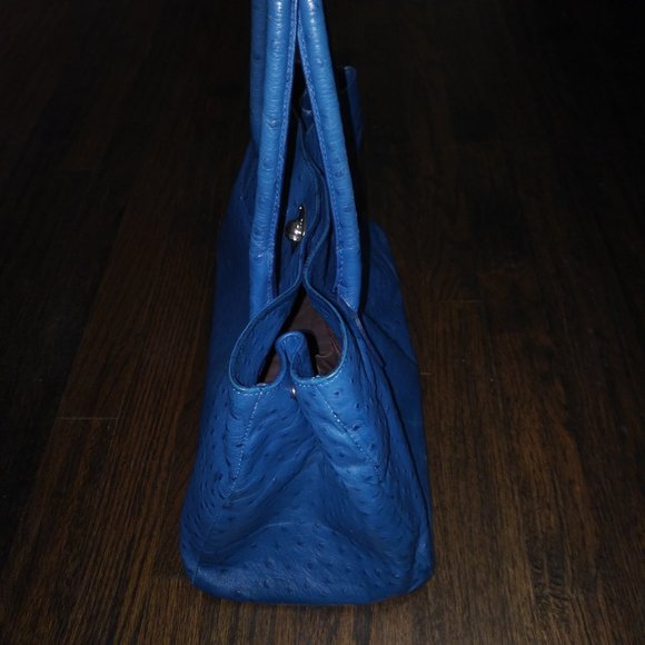FURLA LIKE NEW APPALOOSA EAST WEST BLUE OSTRICH EMBOSSED LEATHER "TOTE" HANDBAG - Picture 3 of 13